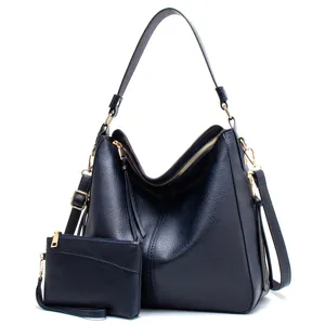Vintage dark blue hobo tote bag and pouch set with textured faux leather