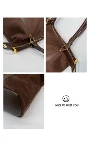 Detailed view of the brown suede bowling bag's golden zipper and handle stitching