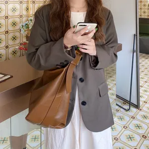 Minimalist Soft PU Leather Shoulder Bag For Women Large Capacity Casual Crossbody Hobo Bag Solid Color Daily Commuter Purse