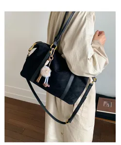 Vintage black suede bowling bag with large capacity and cute doll charm for work
