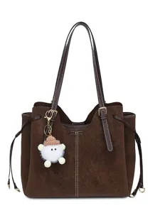 Large capacity dark brown suede tote bag featuring a cute white fluffy sheep charm