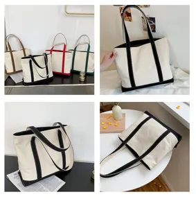 Detailed multi-angle views of large canvas tote bags with various color accents.