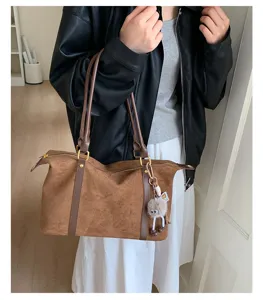 Vintage brown suede bowling bag with large capacity and cute fuzzy charm for women