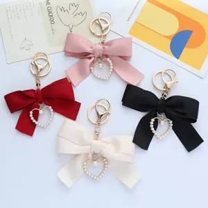Artificial Pearl Satin Bow Heart Keychain Zinc Alloy Car Key Ring Bag Pendant Decoration For Women Gift