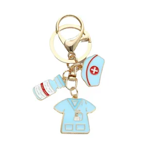 Nurse Day light blue alloy oil-drop keychain with scrub top and medical hat charms