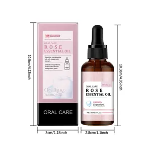 Rose oral essential oil for freshening breath, 30ml bottle with size dimensions shown