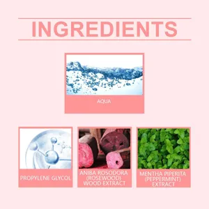 Key natural ingredients list for rose mouthwash featuring aqua and peppermint extract