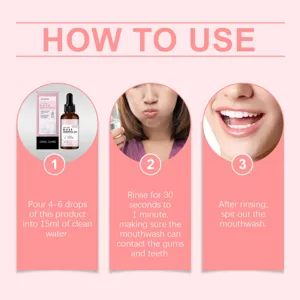 Detailed three-step instructions for using Oralhoe Rose Essential Oil Mouthwash drops.