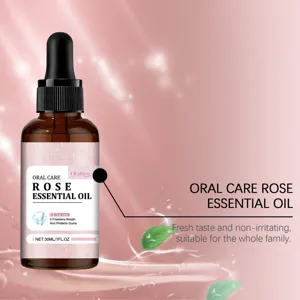 Rose oral care essential oil in a 30ml dropper bottle for fresh breath and gum protection