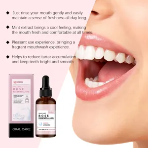 Close-up of white teeth with Oralhoe Rose Essential Oil bottle and box for fresh breath