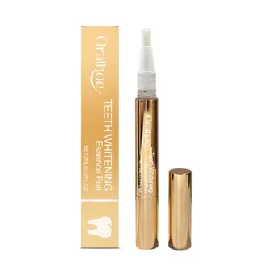 Portable Oralhoe teeth whitening essence pen with gold finish and applicator brush.
