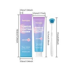Set de gel nettoyant pour langue Feimuko avec gratte-langue et dimensions en cm et pouces