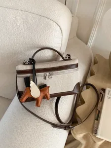 Fashion Canvas Crossbody Bag Women Casual PU Leather Patchwork Small Square Handbag With Pendant