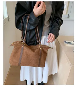 Retro brown suede bowling bag with large capacity and elegant shoulder straps for women