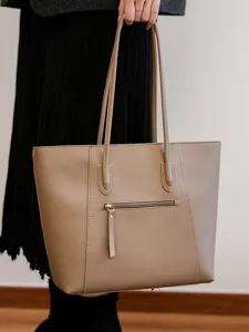 Borsa tote kaki minimalista di grande capacità con tasca esterna a cerniera per donna