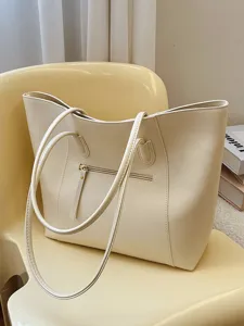 Borsa tote crema minimalista di grande capacità per il pendolarismo femminile