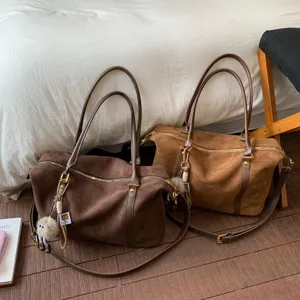 Vintage large capacity brown suede bowling bag for women with crossbody shoulder strap
