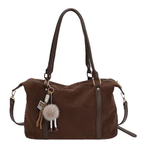 Retro brown large capacity bowling bag with suede texture and fuzzy keychain
