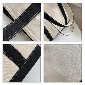 Close-up detail of reinforced stitching and durable canvas texture on a tote bag