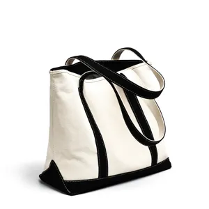 Large capacity minimalist canvas tote bag with stylish black contrast trim and dual handles