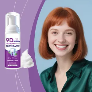 Detaillierte Ansicht der 9D White Whitening Zahnpasta mit Model das weiße Zähne zeigt
