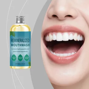 Close-up detail of remineralized mint mouthwash 80ml for whitening teeth effect