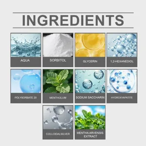 Visual ingredients list of mint mouthwash with natural menthol and colloidal silver