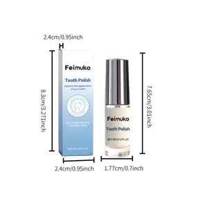 Detail view showing dimensions of Feimuko tooth polish bottle and packaging box