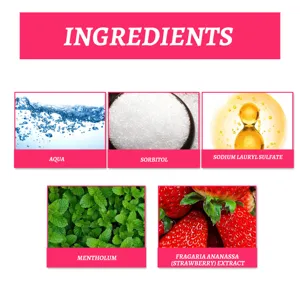 Detailed view of strawberry foam toothpaste ingredients including aqua and sorbitol
