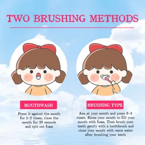Instructions for children's foam toothpaste showing mouthwash and brushing methods