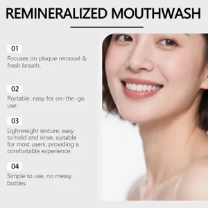 Remineralized mouthwash benefits for plaque removal and fresh breath with smiling woman
