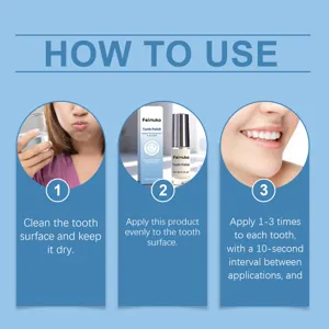 Usage instructions for Feimuko tooth polish showing cleaning, applying, and smiling steps