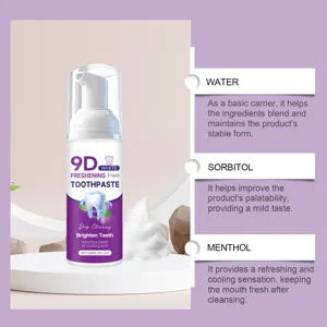 Details zu den Inhaltsstoffen der 9D White Schaumzahnpasta wie Wasser und Menthol