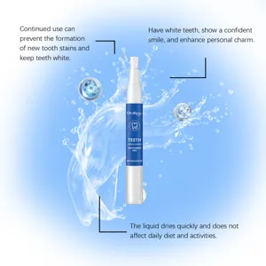 Close-up of Oralhoe whitening pen showing quick-dry liquid benefits and water splash