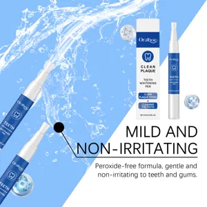 Detail of ORALHOE teeth whitening pen featuring a mild peroxide-free formula and water splash