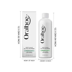 Technical dimensions of Oralhoe spearmint oil pulling rinse bottle and box packaging detail