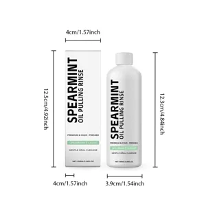 Detailed product dimensions for the 100ml spearmint oil pulling rinse bottle and box