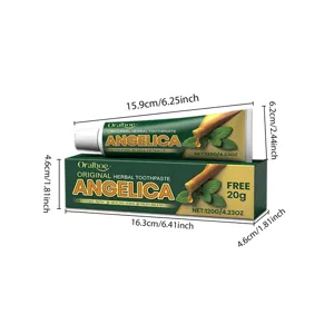 Größenangaben für Oralhoe Angelica Kräuterzahnpasta Tube und Karton in cm und Zoll