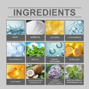 Visual list of mouthwash ingredients including peppermint oil, coconut oil and glycerin