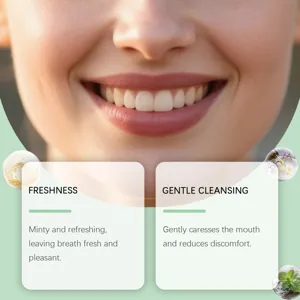 Detail showing fresh breath and gentle cleansing benefits of spearmint mouthwash