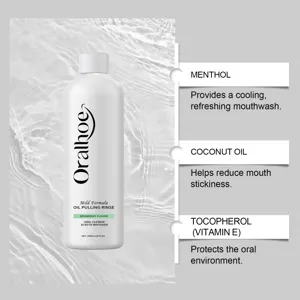 Detail of Oralhoe spearmint oil pulling rinse showing key ingredient benefits.
