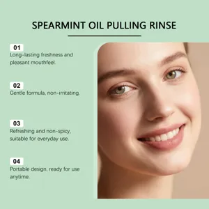 Close-up of smiling woman showing white teeth for spearmint oil pulling rinse detail.