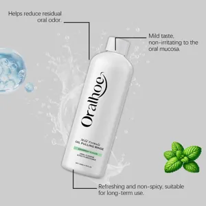 Detail showing Oralhoe spearmint oil pulling rinse benefits and refreshing formula