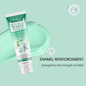 Makroansicht der Oralhoe Botanical White Zahnpasta-GEL-Textur und grünen Tubenverpackung