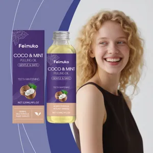 Feimuko coconut and mint pulling oil for teeth whitening with a smiling blonde model