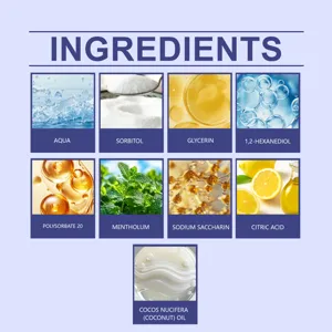 Visual breakdown of mouthwash ingredients including coconut oil, menthol, and glycerin