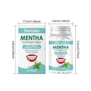 Detailed product dimensions of Feimuko mentha toothpaste tablets packaging box and bottle