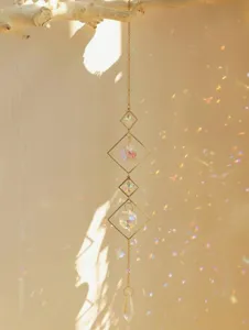 Square metal frame sun catcher with faceted crystal prisms for window light reflection