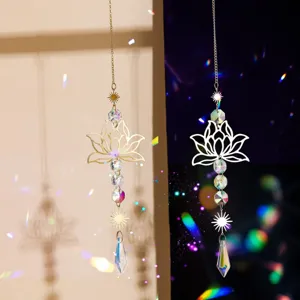 Detailed view of metal lotus suncatcher with K9 crystal prisms creating rainbows
