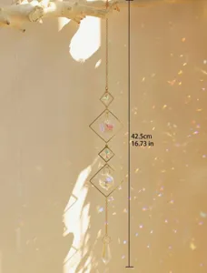 Close-up detail of geometric square suncatcher with crystal prisms and 42.5cm length